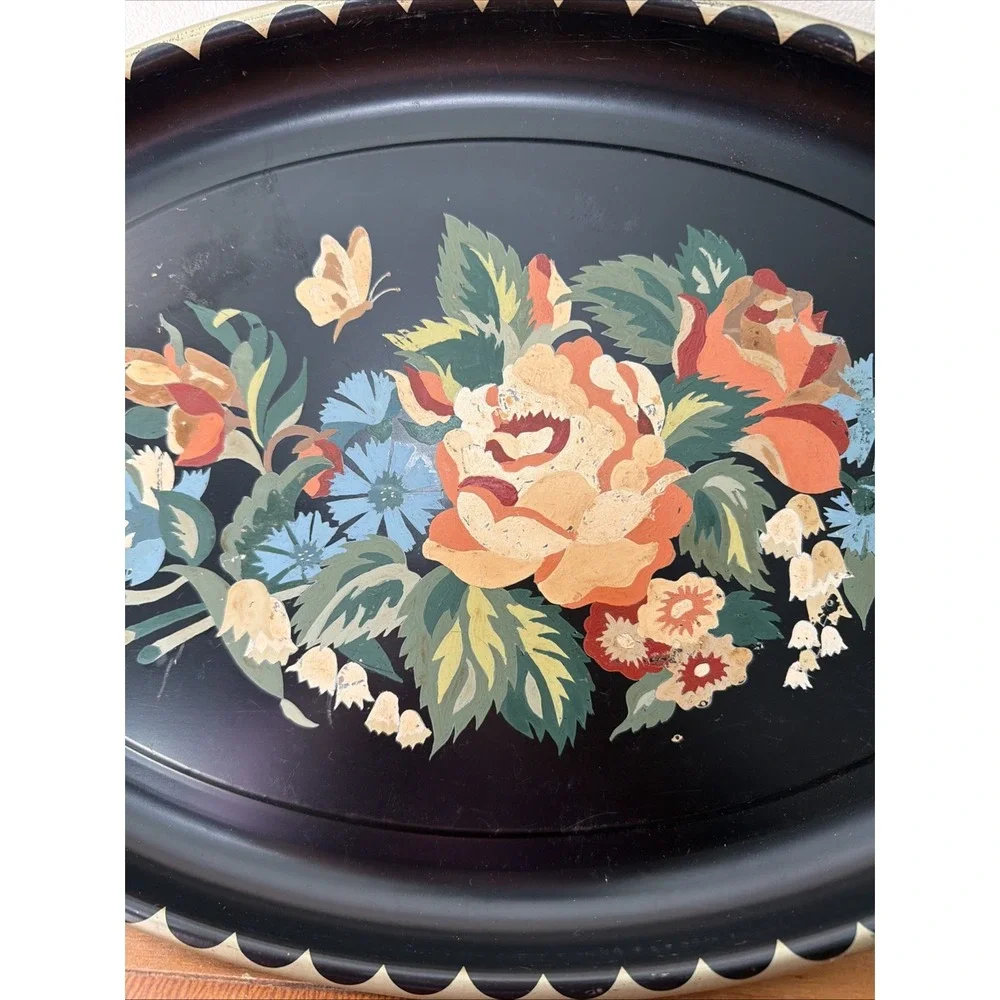 Vintage Hand Painted Tole Toleware Floral Metal Tray Decor Cottagecore